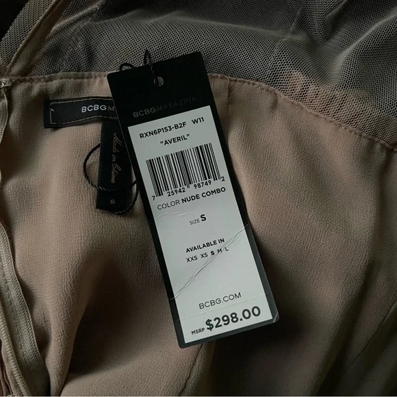 BCBGMAXAZRIA Averil Pleated Nude & Black Mesh Sequin Dress | NWT | Size S Y2K - Picture 7 of 10